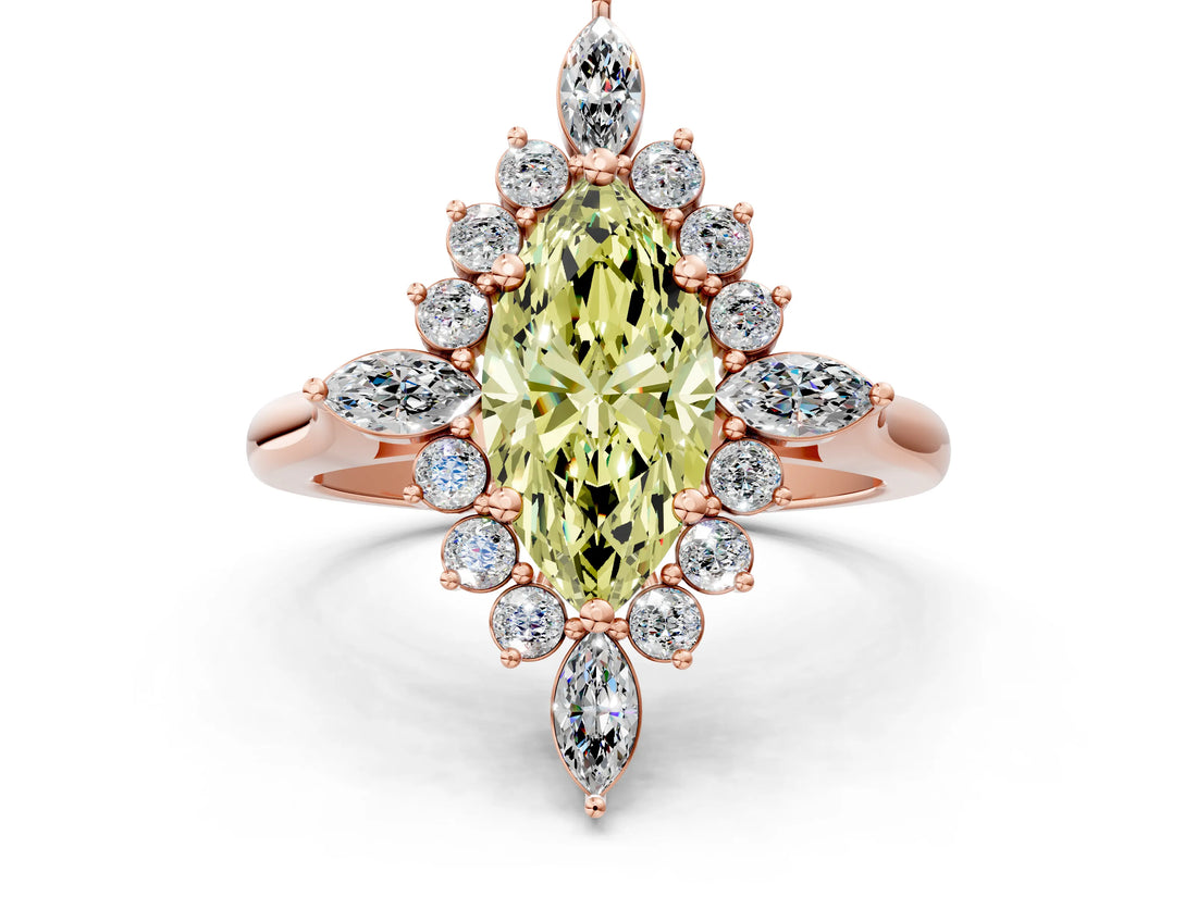 Rose gold Fancy Yellow Marquise Cut Halo Diamond Cluster Ring with Marquise and Round Stones on a White Gold Band with Prong Setting