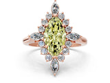 Rose gold Fancy Yellow Marquise Cut Halo Diamond Cluster Ring with Marquise and Round Stones on a White Gold Band with Prong Setting