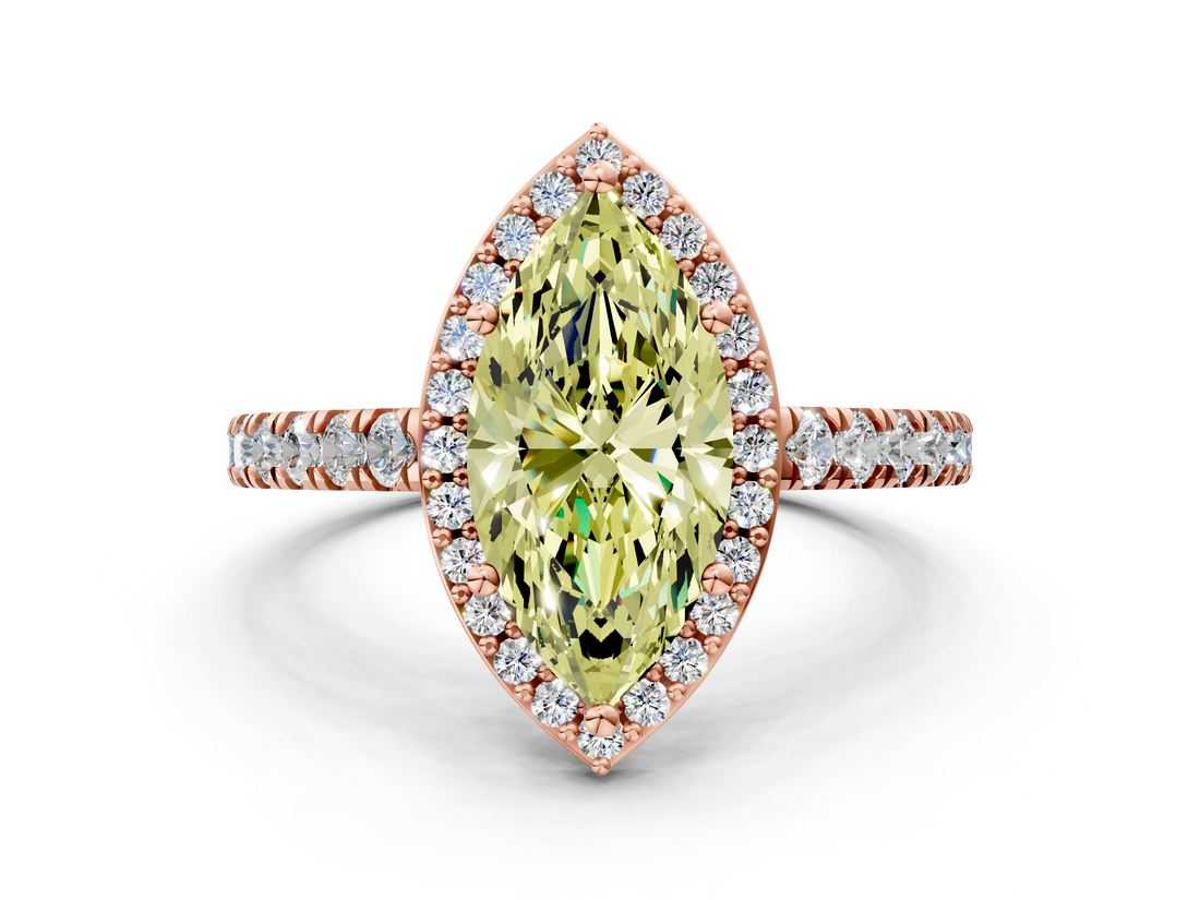 Rose gold Fancy Yellow Marquise  Cut Halo Diamond Engagement Ring with Pave Band and Four-Prong Setting