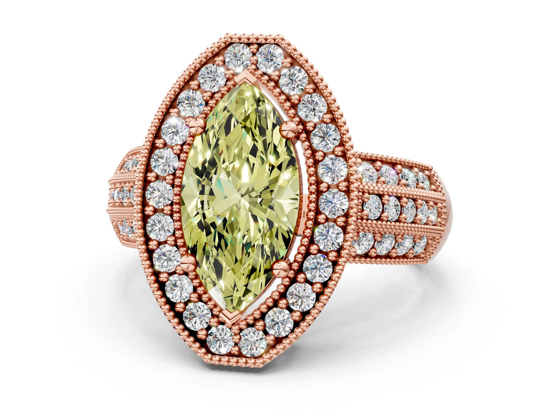 Rose gold Fancy Yellow Marquise Cut Halo Diamond Engagement Ring with Pave Split Shank and Four-Prong Setting