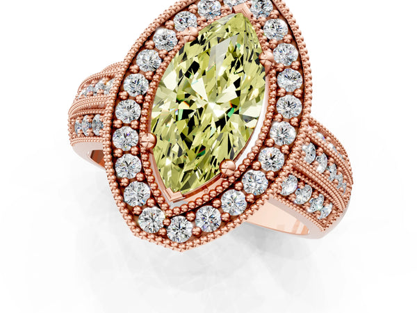 Rose gold Fancy Yellow Marquise Cut Halo Diamond Engagement Ring with Pave Split Shank and Four-Prong Setting