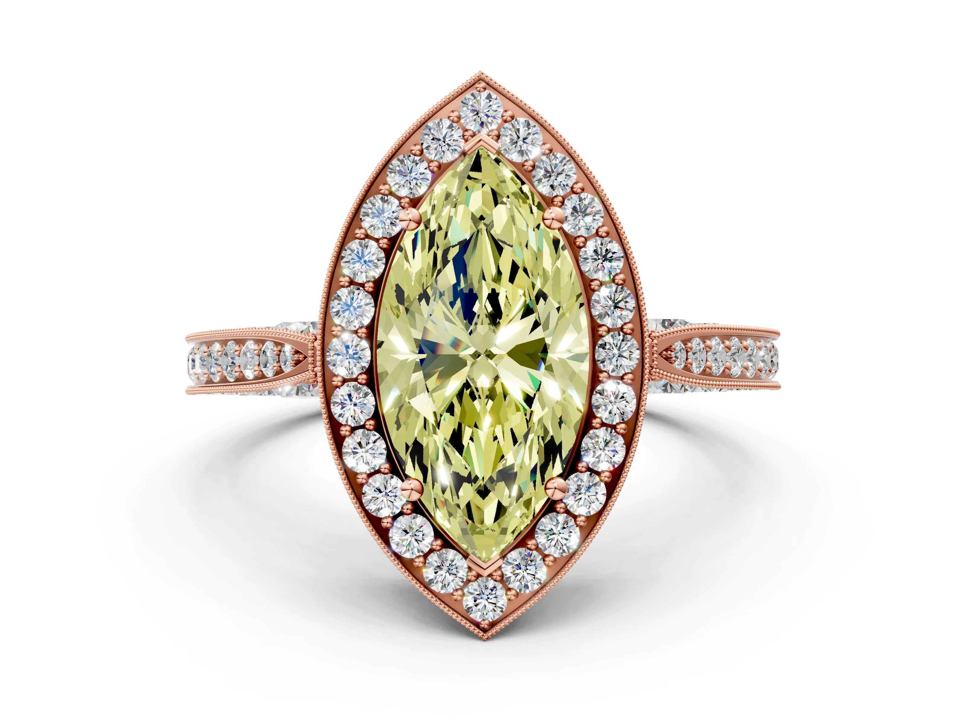Rose gold Fancy Yellow Marquise Cut Halo Diamond Engagement Ring with Split Shank Band and Four-Prong Setting