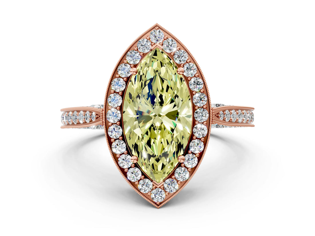 Rose gold Fancy Yellow Marquise Cut Halo Diamond Engagement Ring with Split Shank Band and Four-Prong Setting