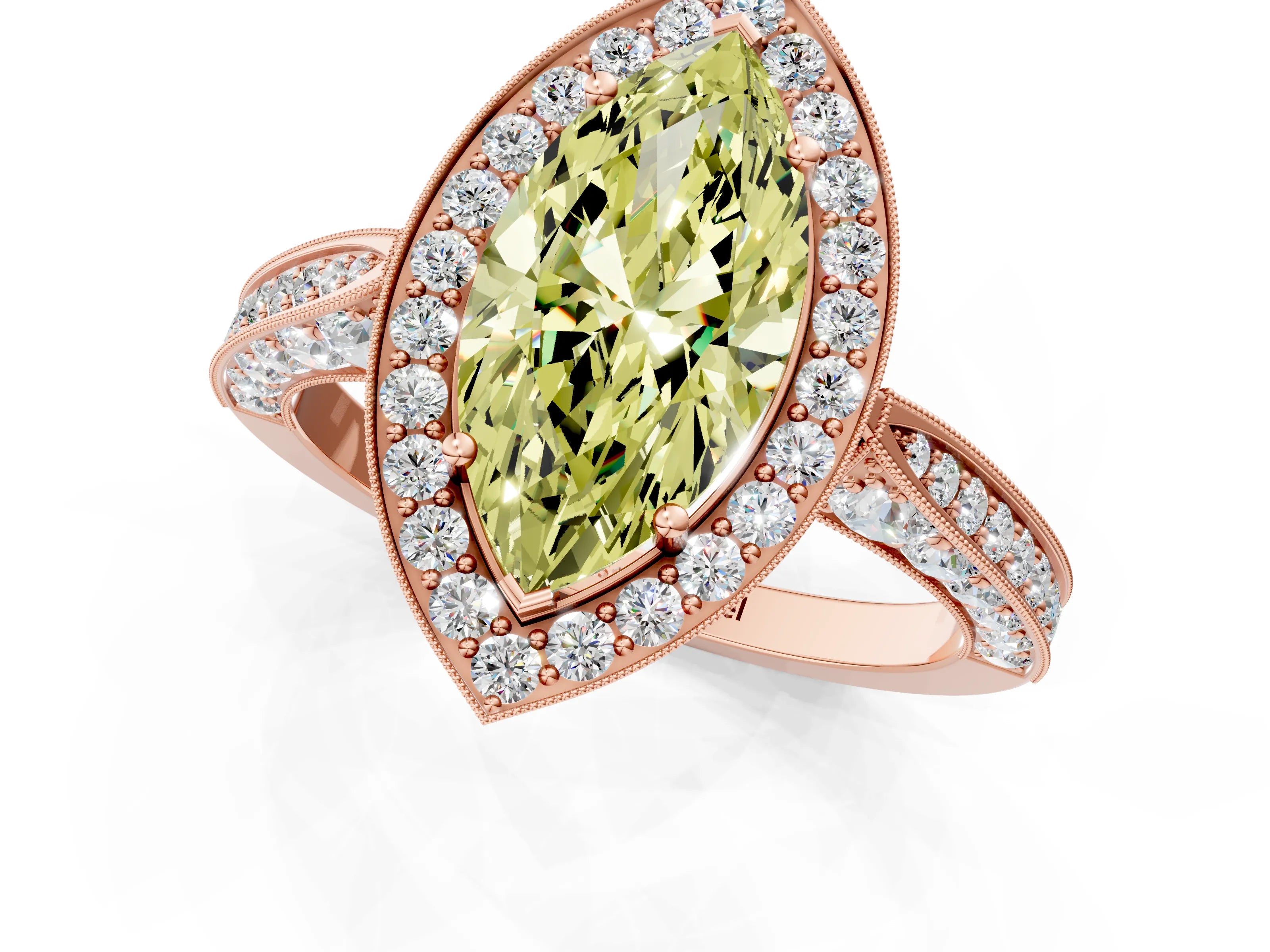 Rose gold Fancy Yellow Marquise Cut Halo Diamond Engagement Ring with Split Shank Band and Four-Prong Setting_1