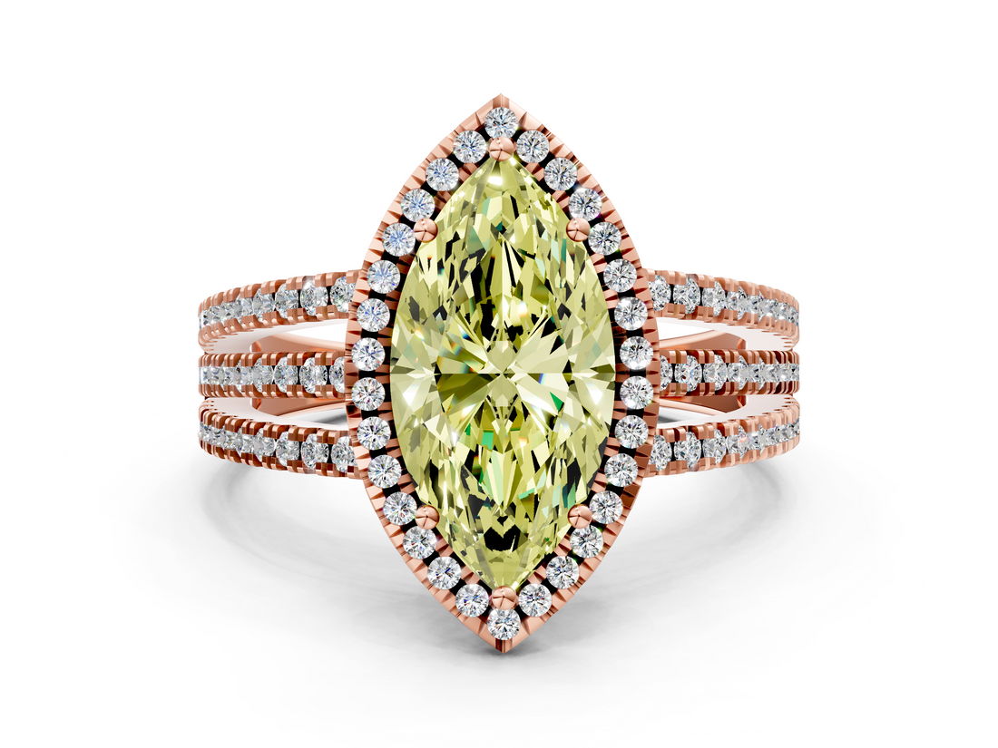 Rose gold Fancy Yellow Marquise  Cut Halo Diamond Engagement Ring with Split Shank and Four-Prong Setting