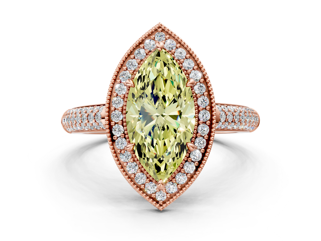 Rose gold Fancy Yellow Marquise  Cut Halo Diamond Pave Band with Four-Prong Setting