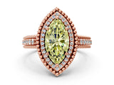 Rose gold Fancy Yellow Marquise Cut Halo Diamond Ring with Beaded Split Shank and Four-Prong Setting