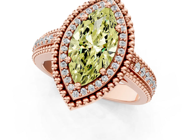Rose Gold Marquise Beaded Halo Engagement Ring Setting for Fancy Yellow Center with Pave