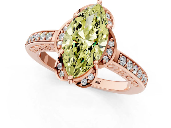 Rose gold Fancy Yellow Marquise  Cut Halo Diamond Ring with Channel Set Band and Four-Prong Setting