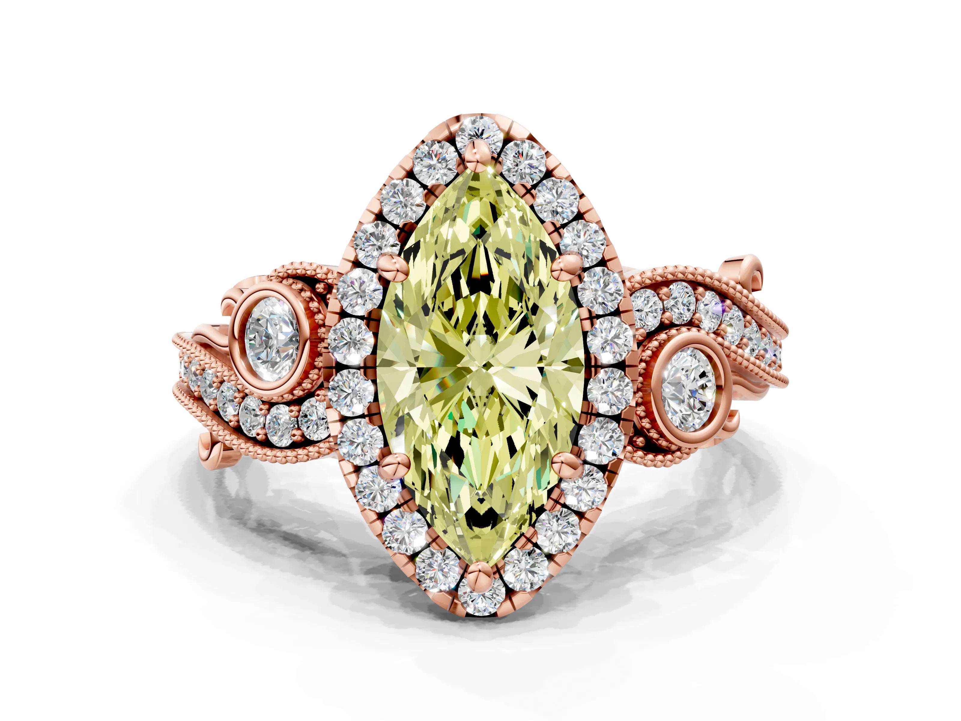 Rose gold Fancy Yellow Marquise Cut Halo Diamond Ring with Milgrain and Bezel Accents on a Split Shank Band