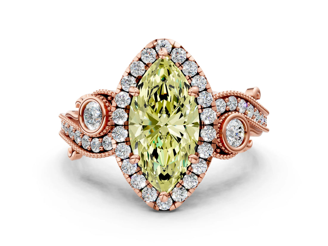Rose gold Fancy Yellow Marquise Cut Halo Diamond Ring with Milgrain and Bezel Accents on a Split Shank Band_12