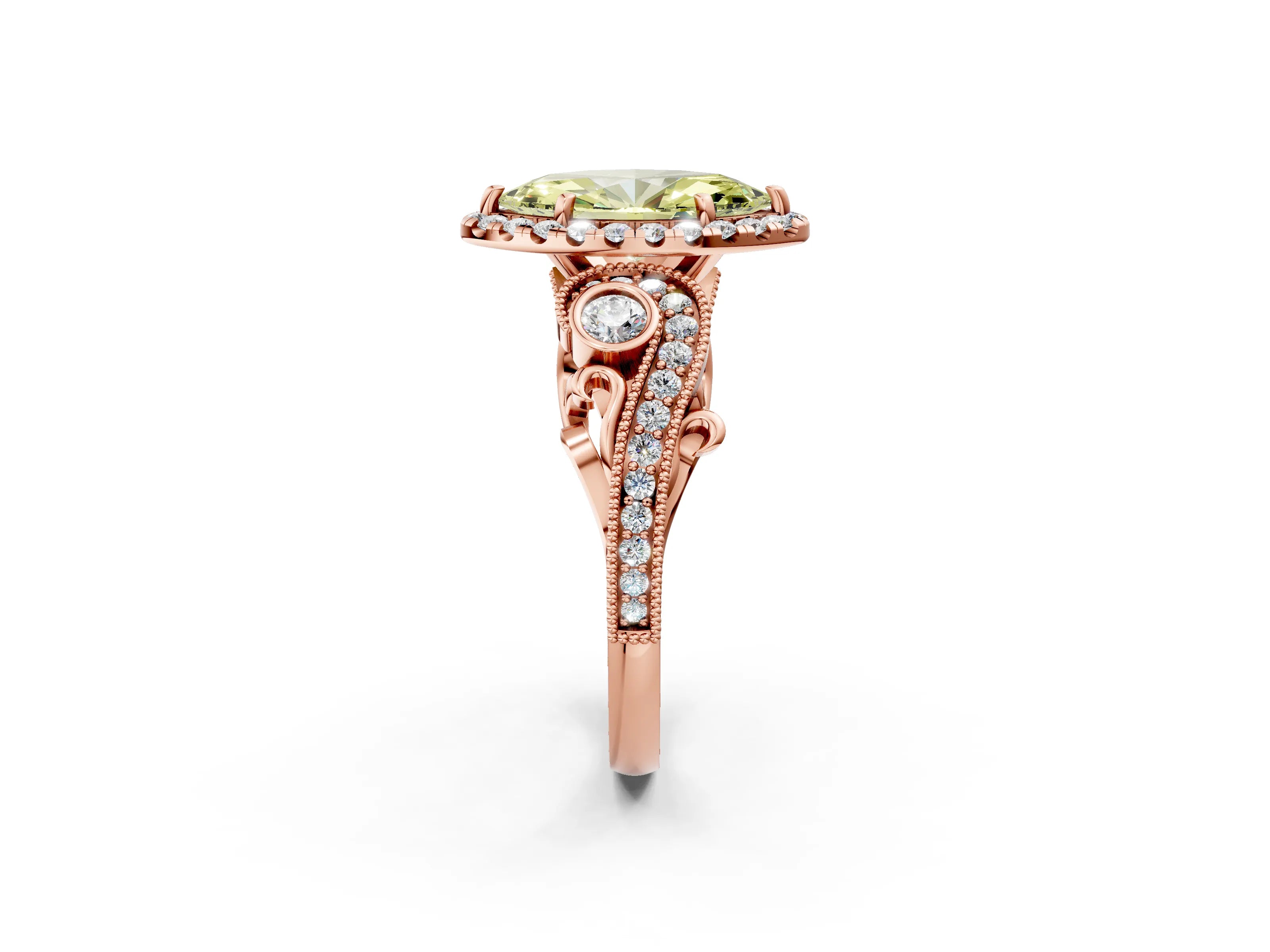 Rose gold Fancy Yellow Marquise Cut Halo Diamond Ring with Milgrain and Bezel Accents on a Split Shank Band_2