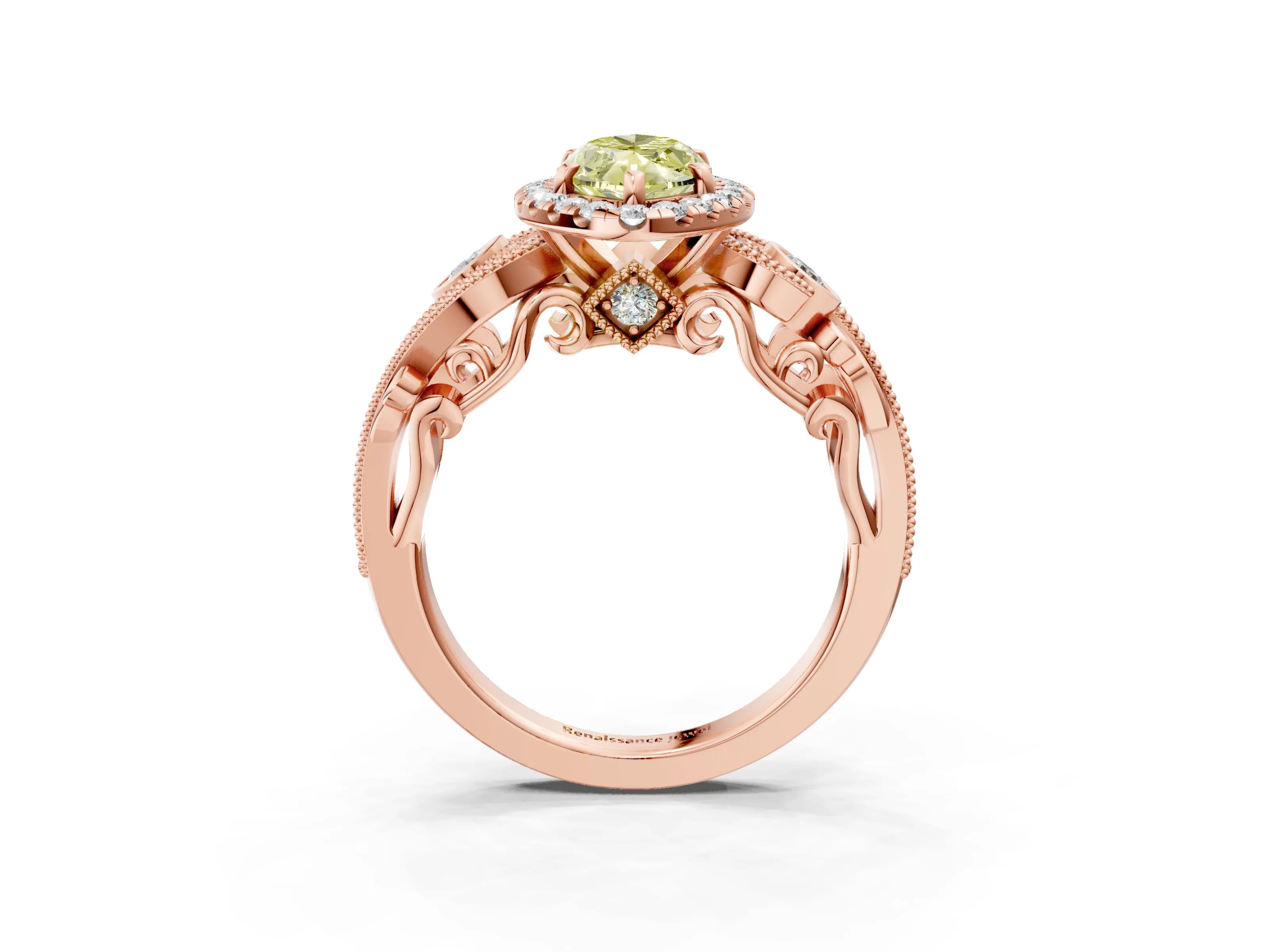 Rose gold Fancy Yellow Marquise Cut Halo Diamond Ring with Milgrain and Bezel Accents on a Split Shank Band_3
