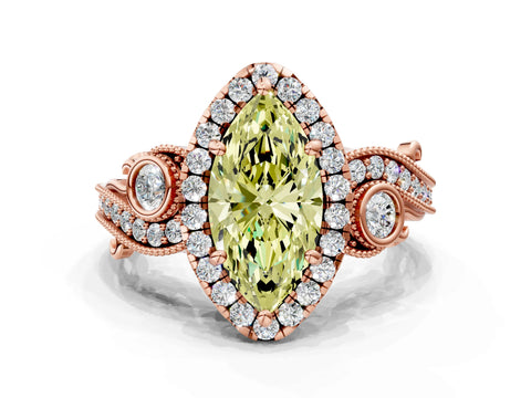 Rose gold Fancy Yellow Marquise Cut Halo Diamond Ring with Milgrain and Bezel Accents on a Split Shank Band
