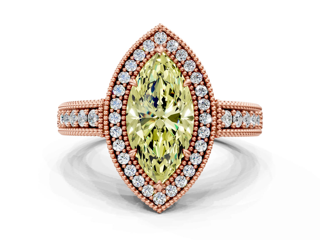 Rose gold Fancy Yellow Marquise  Cut Halo Diamond Ring with Pavé Band and Four-Prong Setting_30