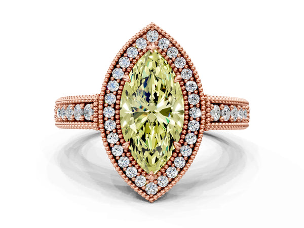 Rose gold Fancy Yellow Marquise  Cut Halo Diamond Ring with Pavé Band and Four-Prong Setting