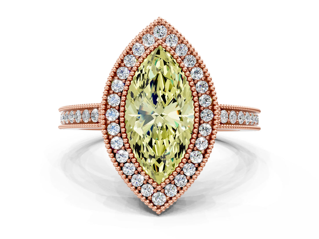Rose gold Fancy Yellow Marquise  Cut Halo Diamond Ring with Pavé Band and Milgrain Prong Setting_32