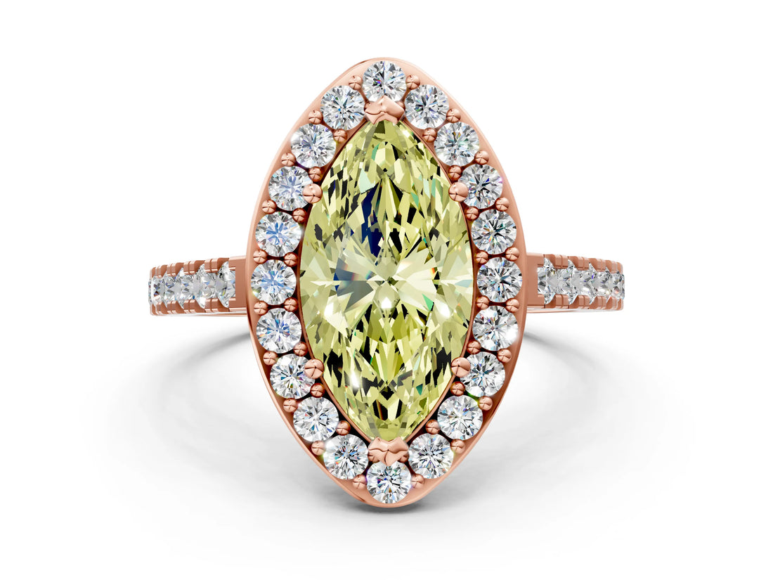 Rose gold Fancy Yellow Marquise Cut Halo Diamond Ring with Pavé Band and Three-Prong Setting