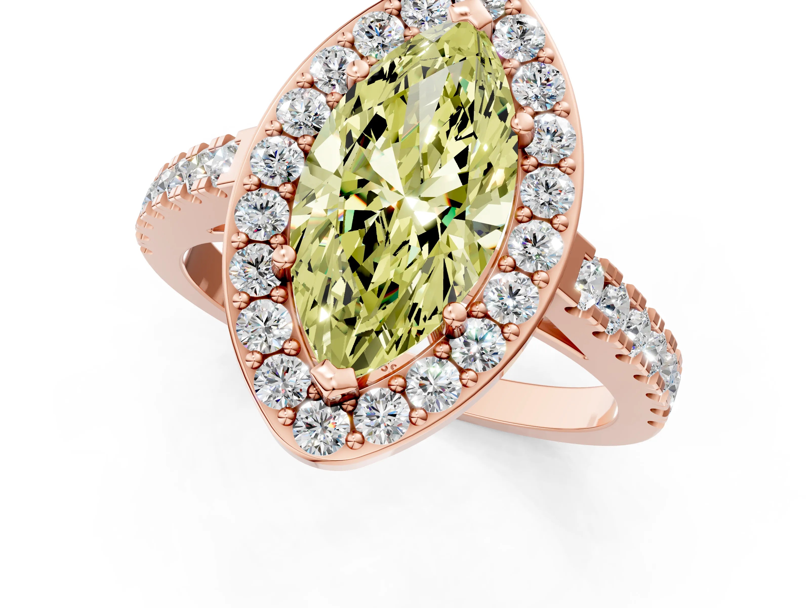 Rose gold Fancy Yellow Marquise Cut Halo Diamond Ring with Pavé Band and Three-Prong Setting_1