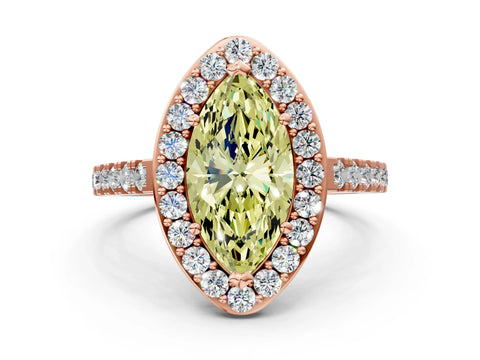 Rose gold Fancy Yellow Marquise Cut Halo Diamond Ring with Pavé Band and Three-Prong Setting