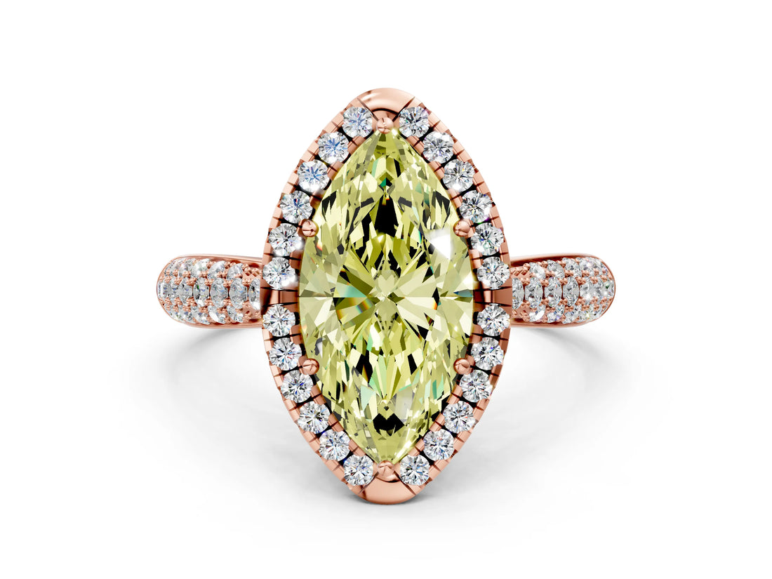 Rose gold Fancy Yellow Marquise Cut Halo Diamond Ring with Pavé Band