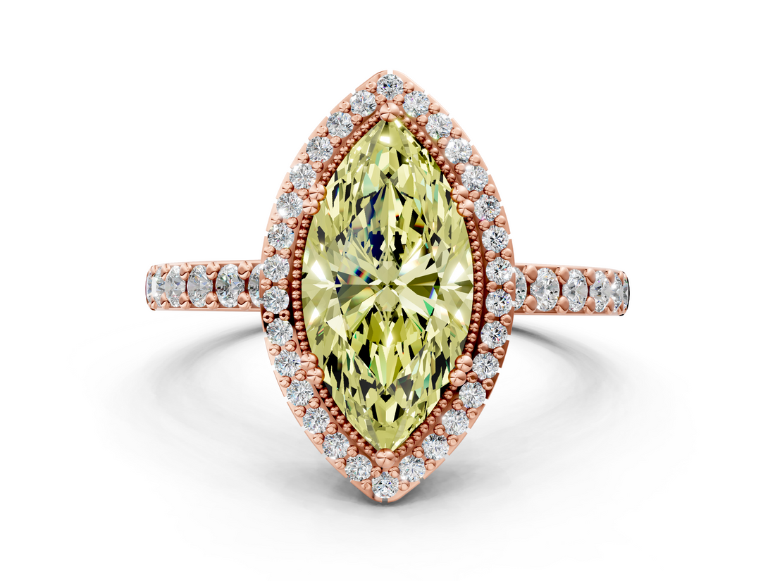 Rose gold Fancy Yellow Marquise  Cut Halo Diamond Ring with Pave Band and Four-Prong Setting
