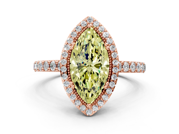 Rose gold Fancy Yellow Marquise  Cut Diamond Halo Engagement Ring with Milgrain Detail and Pavé Band