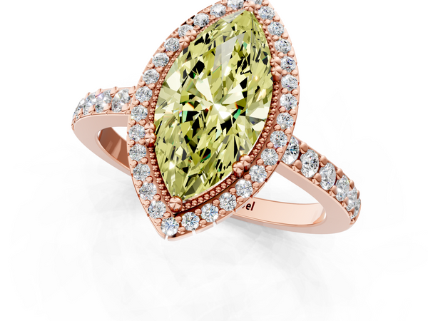 Rose gold Fancy Yellow Marquise  Cut Diamond Halo Engagement Ring with Milgrain Detail and Pavé Band