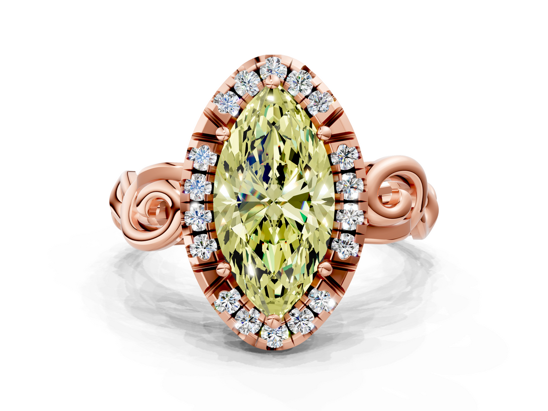 Rose gold Fancy Yellow Marquise  Cut Halo Diamond Ring with Scrollwork Band and Four-Prong Setting