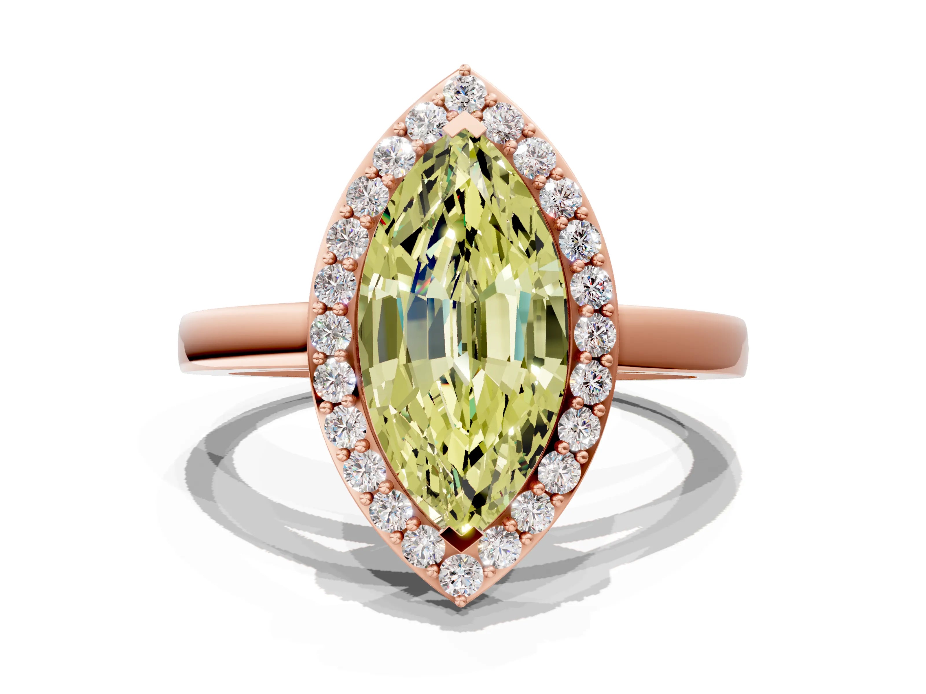 Rose gold Fancy Yellow Marquise Cut Halo Diamond Ring with Solitaire Band and Prong Setting