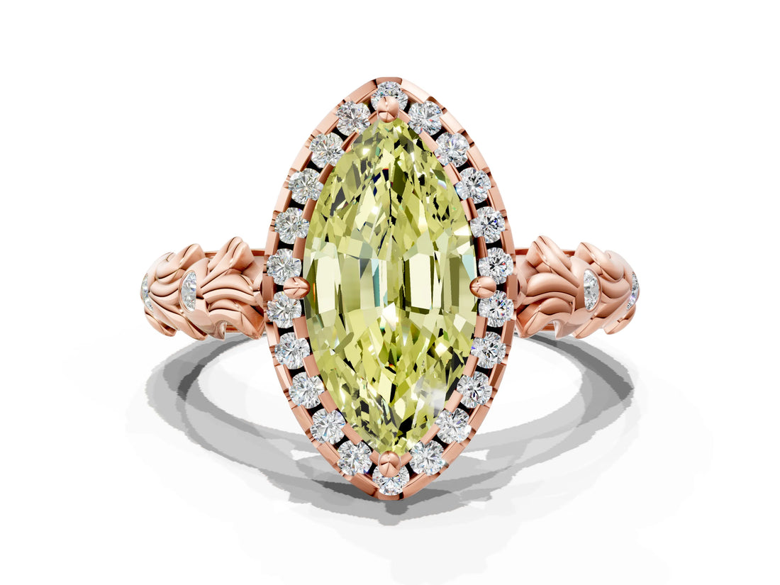 Rose gold Fancy Yellow Marquise Cut Halo Diamond Solitaire with Filigree Band and Four-Prong Setting