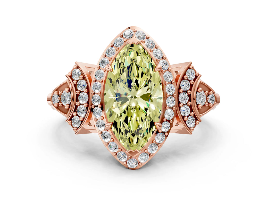 Rose gold Fancy Yellow Marquise Cut Halo Diamond Split Shank Engagement Ring with Four-Prong Setting