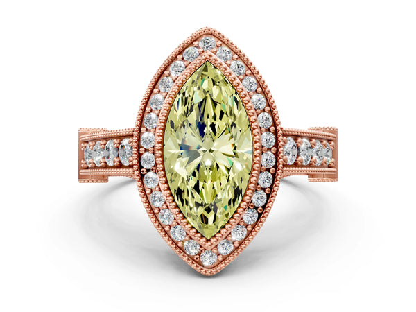 Rose Gold Marquise Vintage Bezel Halo Engagement Ring Setting for Fancy Yellow Center