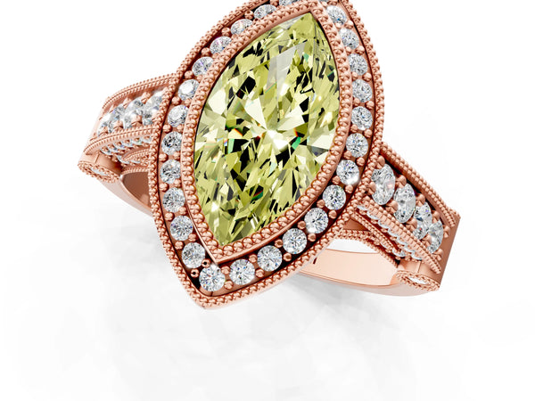 Rose Gold Marquise Vintage Bezel Halo Engagement Ring Setting for Fancy Yellow Center