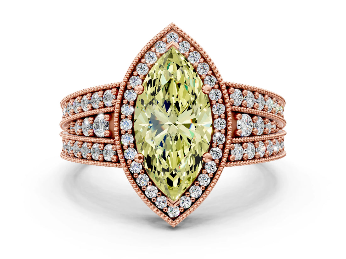 Rose gold Fancy Yellow Marquise Cut Halo Diamond Split Shank Ring with Prong Setting