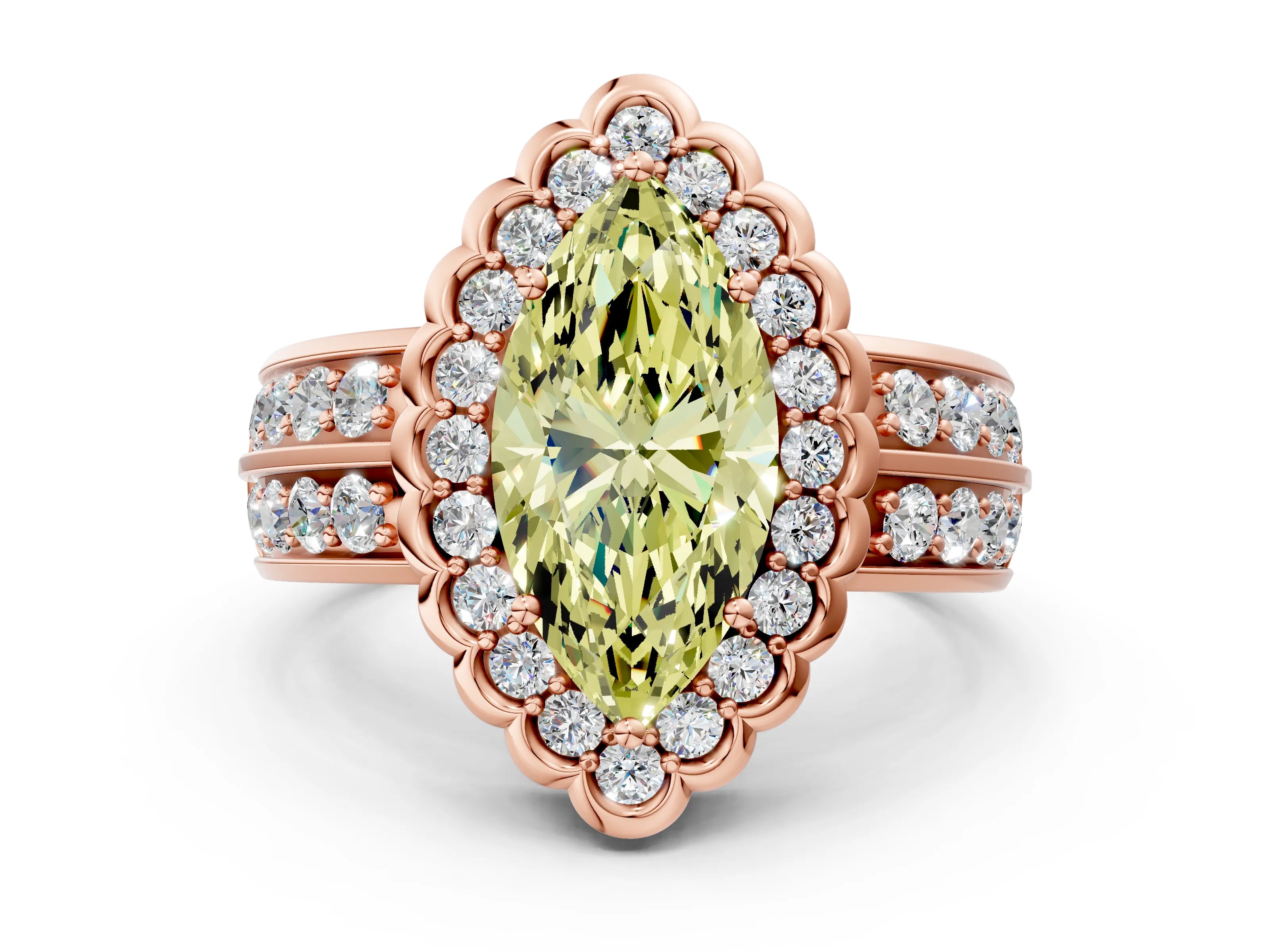 Rose gold Fancy Yellow Marquise Cut Halo Diamond Split Shank Ring with Scalloped Prong Setting