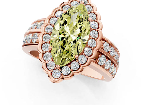 Rose gold Fancy Yellow Marquise Cut Halo Diamond Split Shank Ring with Scalloped Prong Setting_1