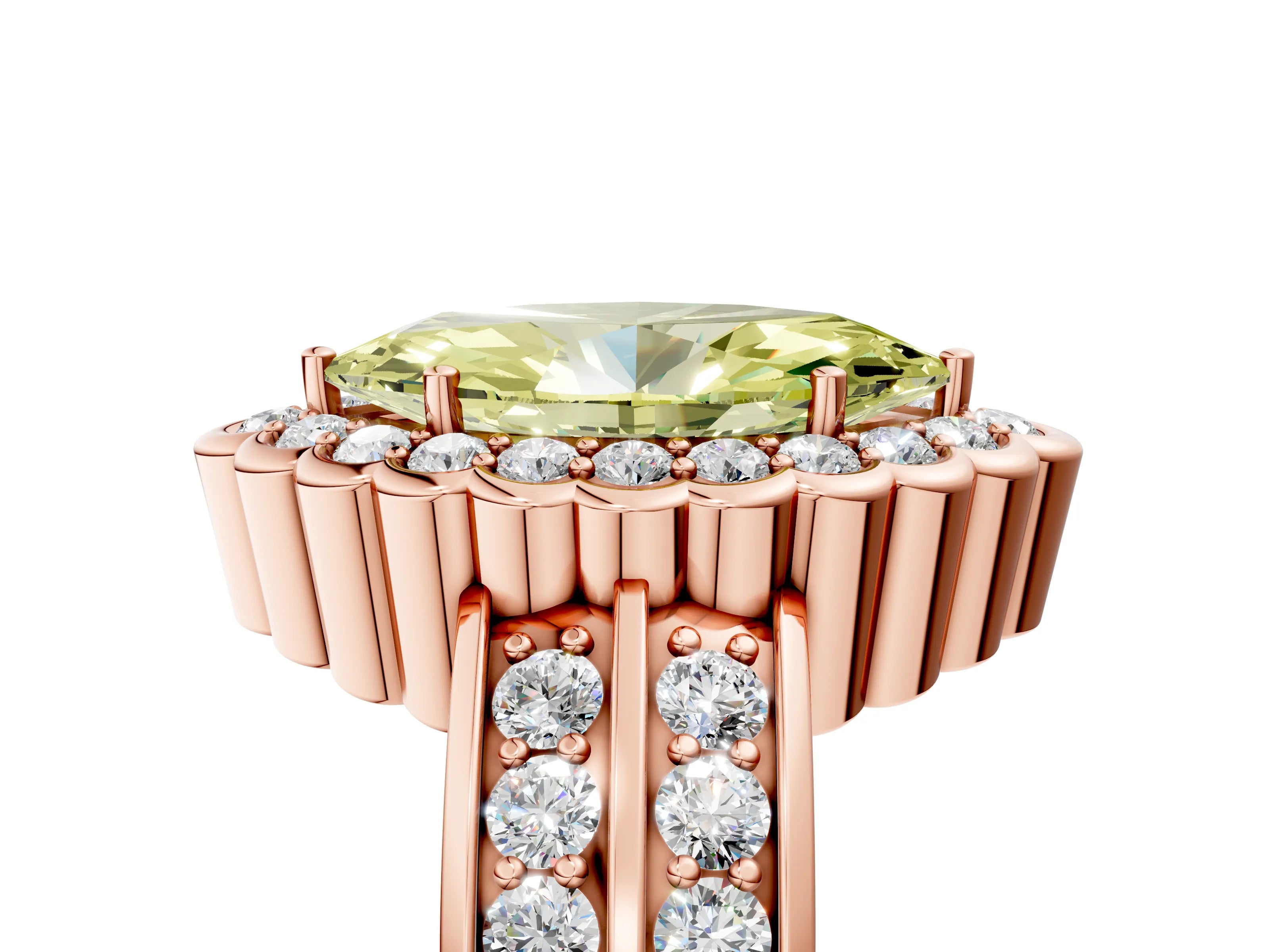 Rose gold Fancy Yellow Marquise Cut Halo Diamond Split Shank Ring with Scalloped Prong Setting_5