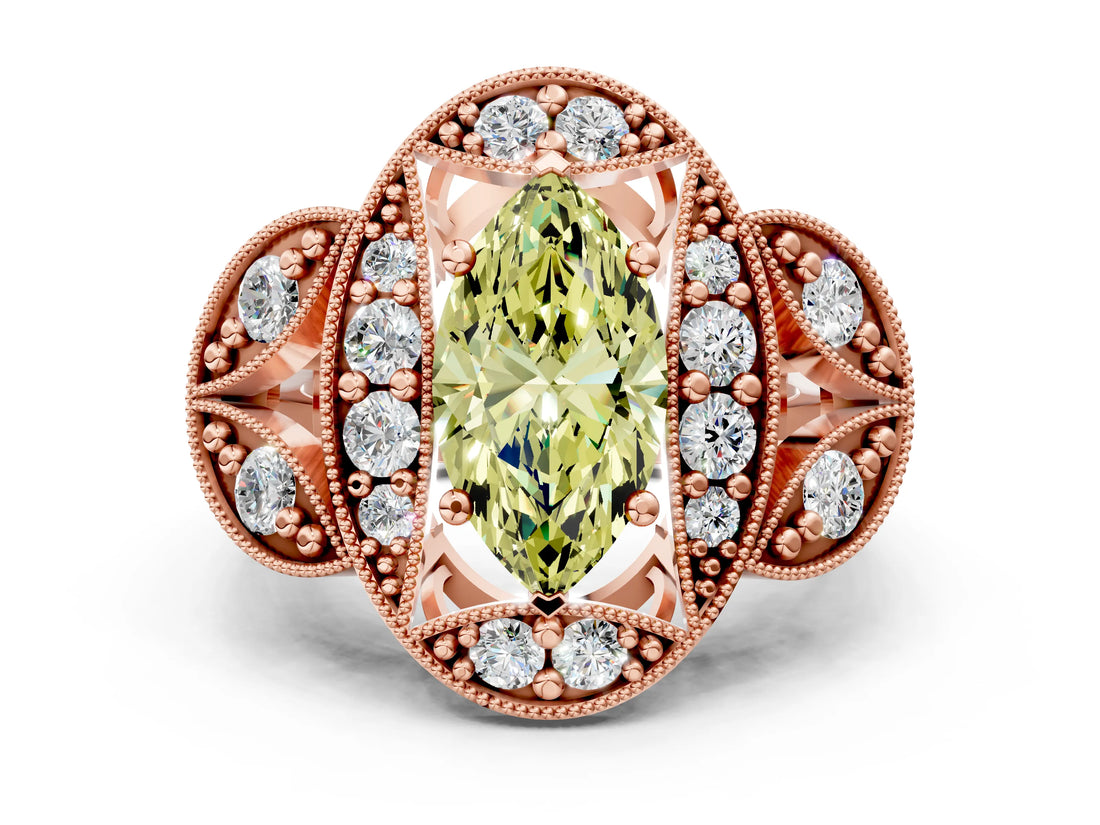 Rose gold Fancy Yellow Marquise Cut Halo Milgrain Diamond Engagement Ring with Leaf Band and Four-Prong Setting