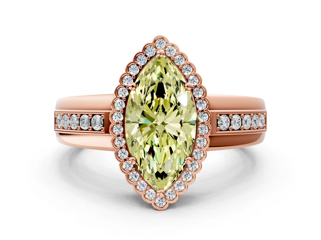 Rose gold Fancy Yellow Marquise  Cut Halo Pave Band Four-Prong Ring_30