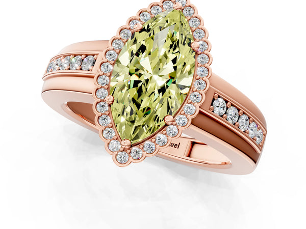 Rose gold Fancy Yellow Marquise  Cut Halo Pave Band Four-Prong Ring