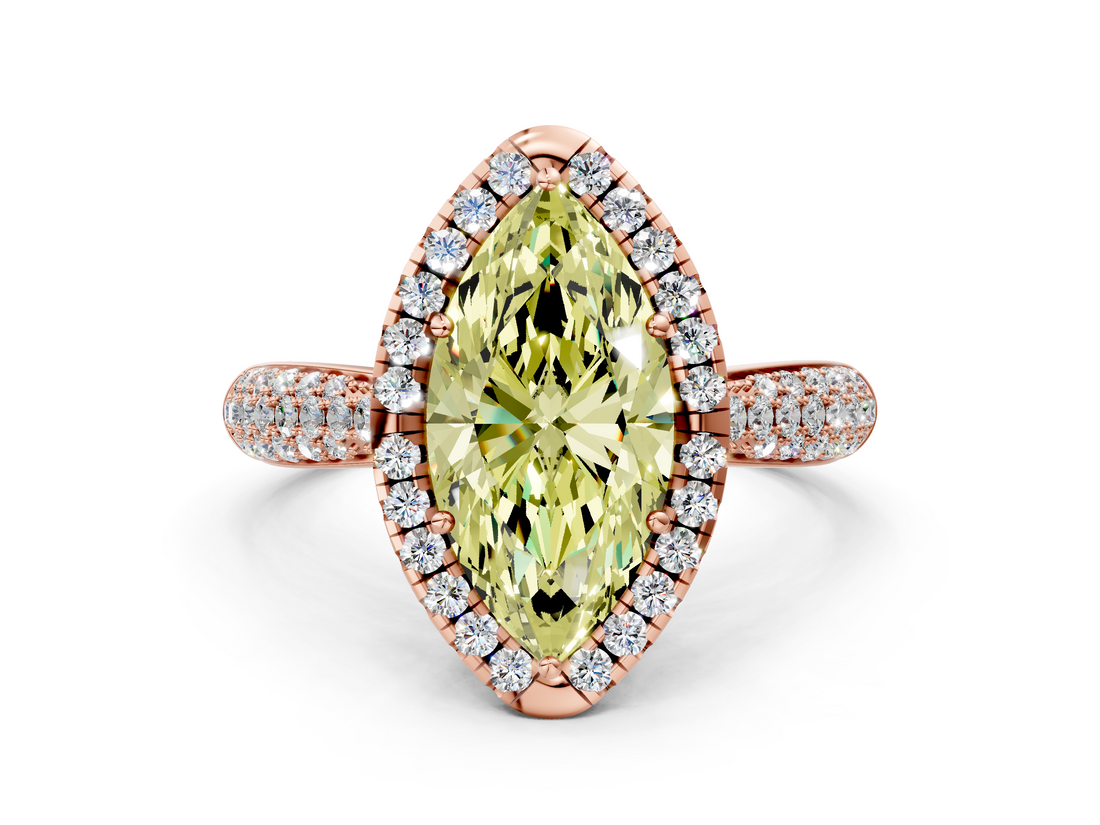 Rose gold Fancy Yellow Marquise  Cut Halo Pave Band Four-Prong Setting Ring