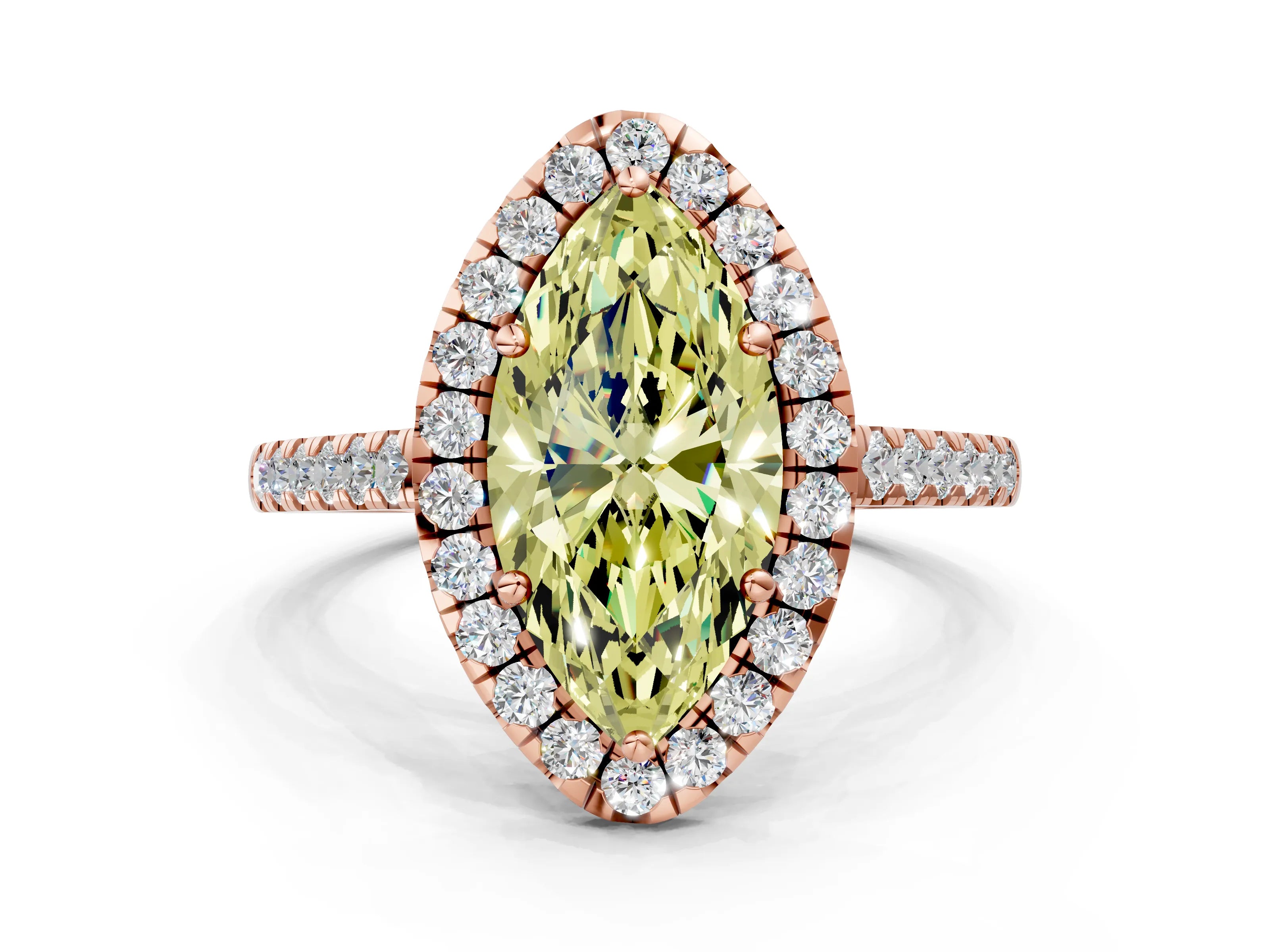 Rose gold Fancy Yellow Marquise Cut Halo Pave Diamond Engagement Ring with Four-Prong Setting
