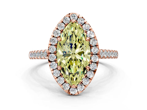 Rose gold Fancy Yellow Marquise Cut Halo Pave Diamond Engagement Ring with Four-Prong Setting