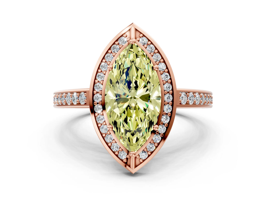Rose gold Fancy Yellow Marquise  Cut Halo Pave Split Shank Prong Setting Ring_32