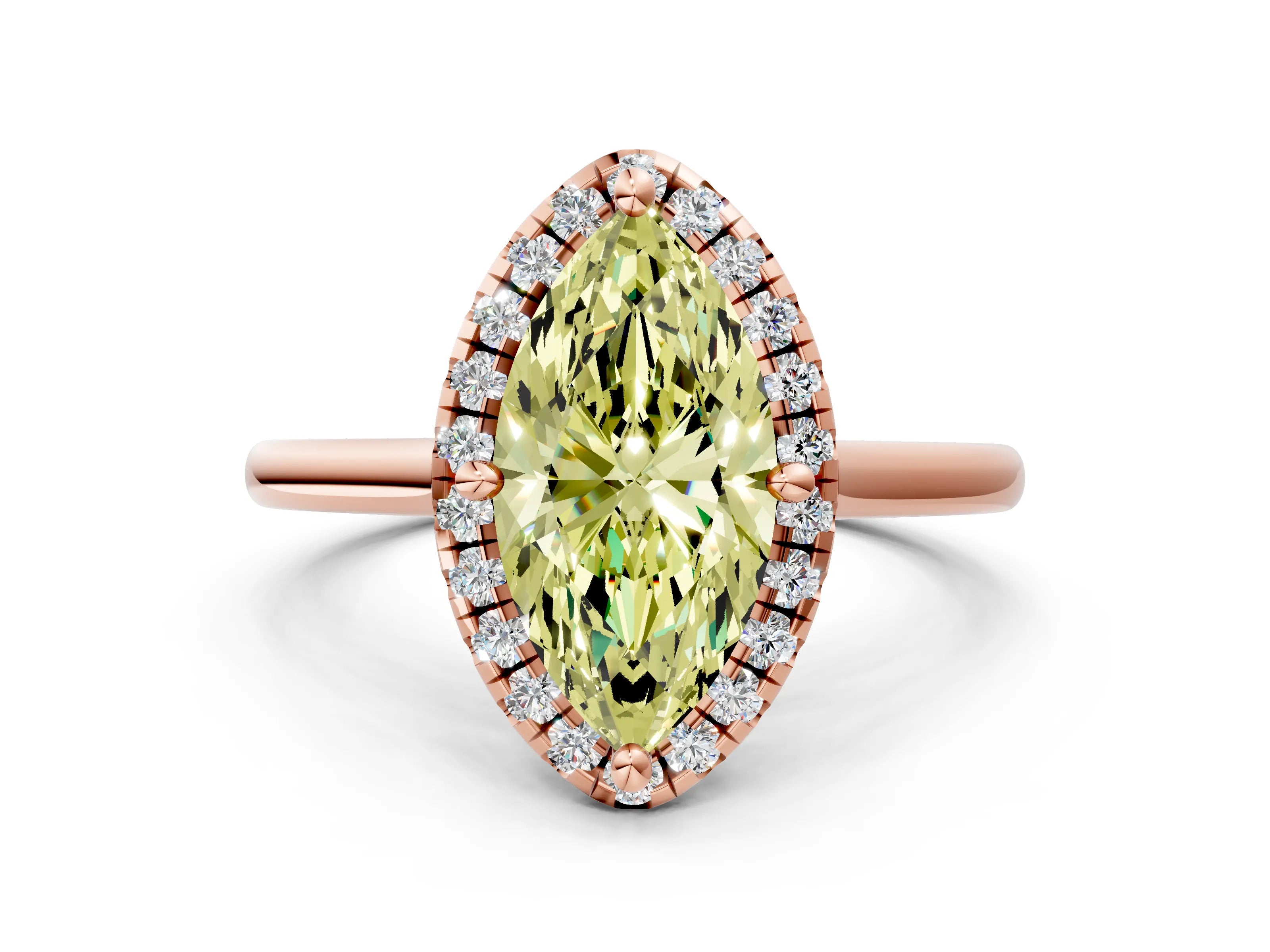 Rose gold Fancy Yellow Marquise Cut Halo Round Diamond Solitaire Engagement Ring with Pave Band and Four-Prong Setting_12