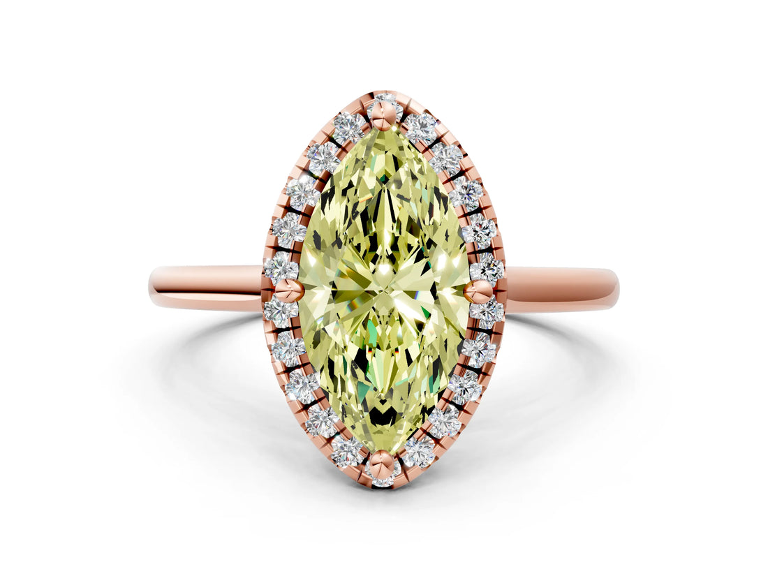 Rose gold Fancy Yellow Marquise Cut Halo Round Diamond Solitaire Engagement Ring with Pave Band and Four-Prong Setting_12