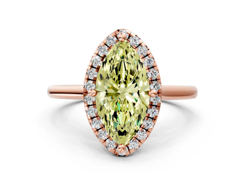 Rose gold Fancy Yellow Marquise Cut Halo Round Diamond Solitaire Engagement Ring with Pave Band and Four-Prong Setting_12