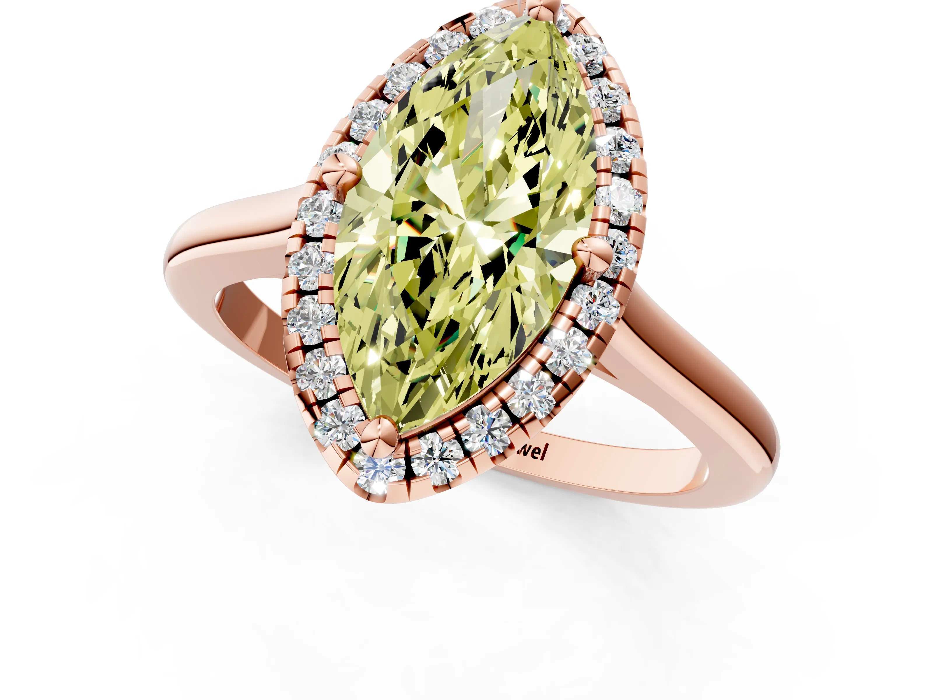 Rose gold Fancy Yellow Marquise Cut Halo Round Diamond Solitaire Engagement Ring with Pave Band and Four-Prong Setting_13