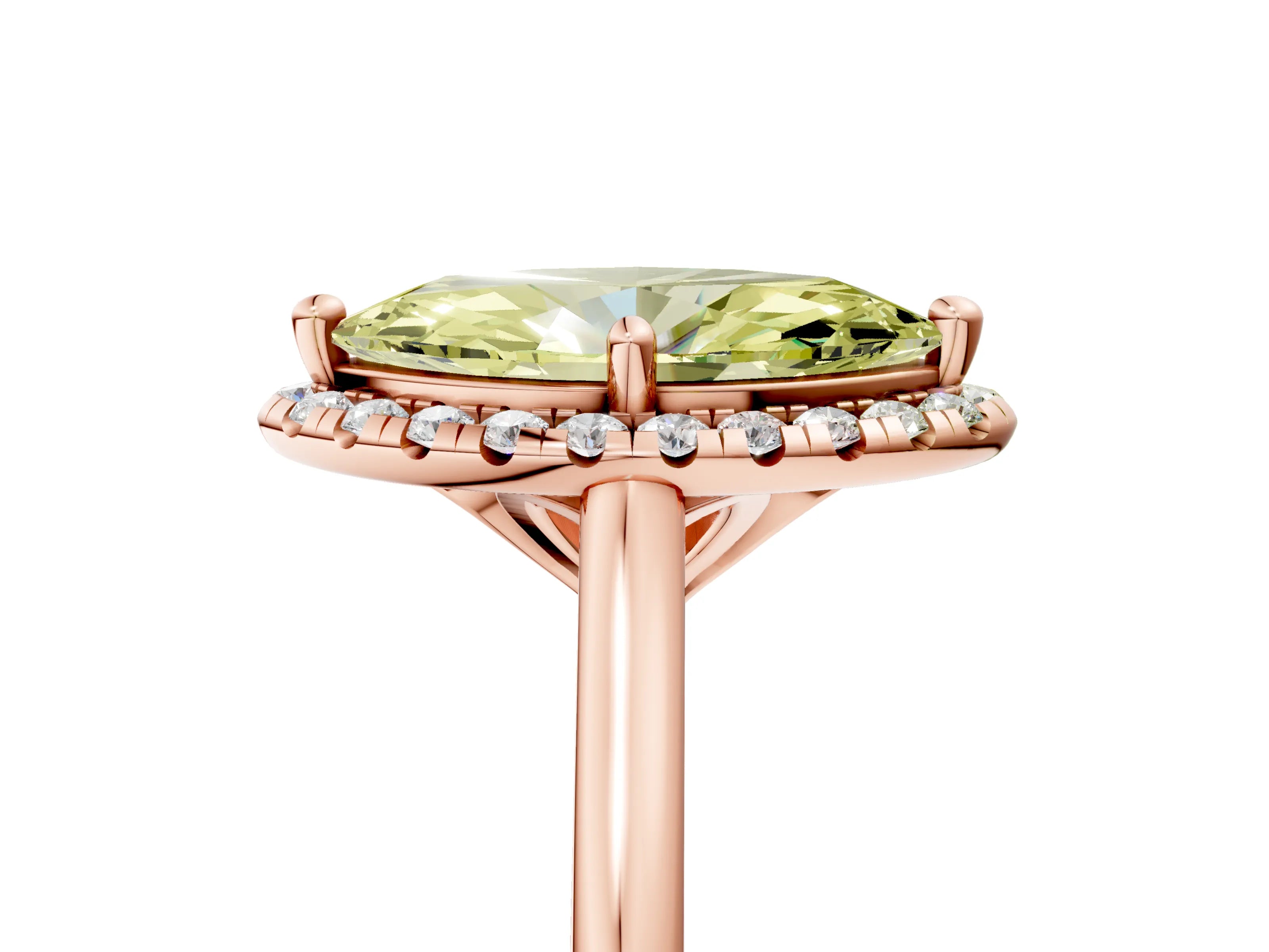 Rose gold Fancy Yellow Marquise Cut Halo Round Diamond Solitaire Engagement Ring with Pave Band and Four-Prong Setting_17